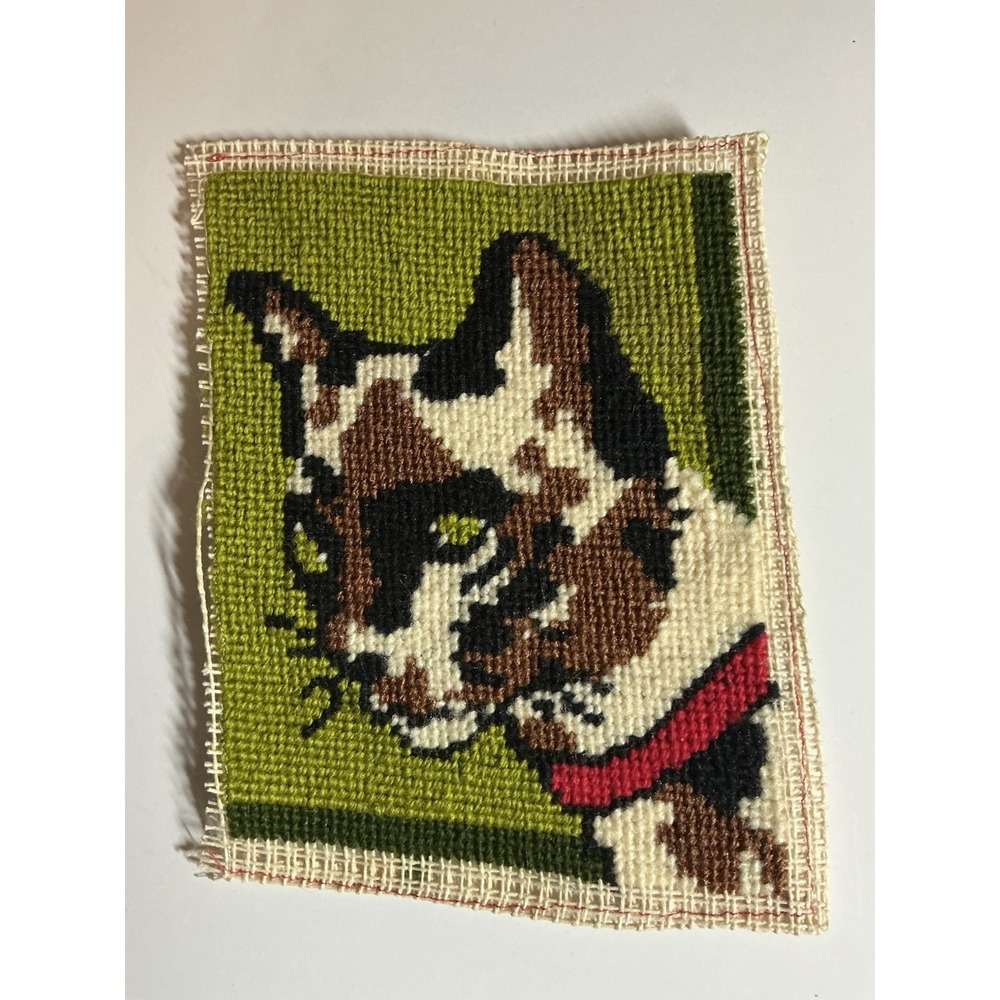 Vintage NEEDLEPOINT Embroidery UnFramed CAT Kitten W/Red Collar 6in X 8in